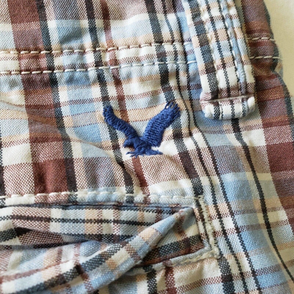 American Eagle Outfitters Mens Bermuda Shorts Size 32 Cotton Plaid Blue Brown - Picture 6 of 7